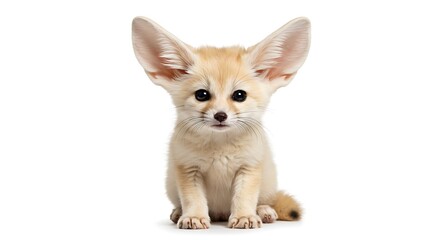 Obraz premium An utterly adorable Fennec Fox (Vulpes zerda) kit, renowned for its disproportionately large ears, sits attentively facing the camera.
