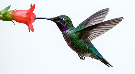 Obraz premium A stunning macro photograph captures a vibrant hummingbird in mid-flight, hovering gracefully as it feeds from a bright red tubular flower. Its iridescent green plumage shimmers, and a hint of purple 