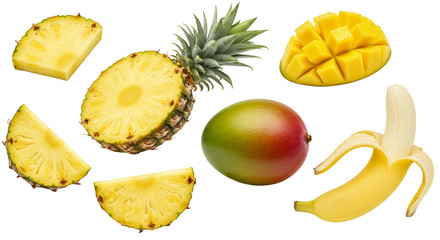 Tropical Fruit Medley: Fresh Pineapple, Mango, and Banana on a Clean Background