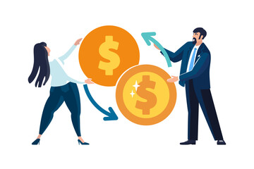 Vector illustrations. Financial transactions, money transfers, banking operations, gold coins, exchange between dollars and cents, pennies. Business, businessman, business people, Europeans, teamwork