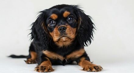 An utterly adorable black and tan Cavalier King Charles Spaniel puppy lies patiently, looking directly at the camera with its large, soulful, expressive eyes.