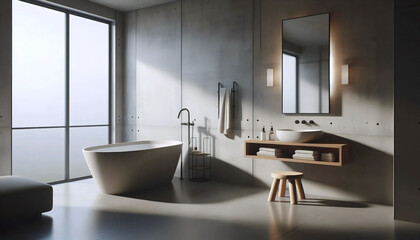 A spa-like minimalist bathroom with a freestanding bathtub, concrete walls, a floating vanity, and a single wooden stool, Ai created image