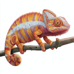 Obraz premium A colorful chameleon with intricate patterns is perched on a branch against a white background.