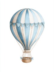 Obraz premium A vintage blue and white hot air balloon with a wicker basket illustrated on a white background.