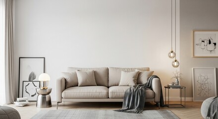 Modern Living Room Interior with Neutral Tones, Artwork, and Stylish Lighting