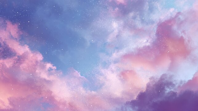 Dreamy sky with pastel pink and purple clouds, softly illuminated with scattered stars and a tranquil, magical atmosphere.
