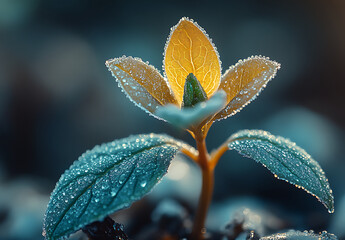Close-up of a Dew-Covered Young Plant Sprouting in the Morning Sunlight