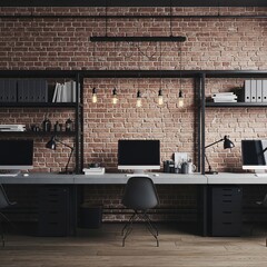 Modern Office Interior with Exposed Brick Wall, Desks, and Edison Bulb Lighting