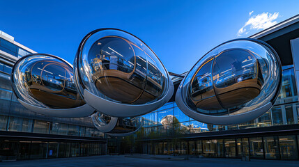 Spherical meeting pods hover around a central tower, offering panoramic views and sci-fi flair