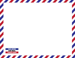 Classic airmail envelope with blue and pink diagonal striped border. In the bottom left corner is the writing PAR AVION AIR MAIL CORREO AEREO