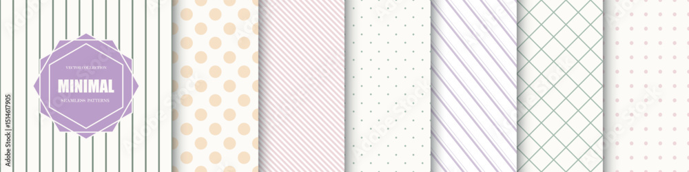 Fototapete Collection of vector seamless geometric patterns. Delicate striped and dotted simple textures. Color minimal repeatable backgrounds. Endless unusual prints