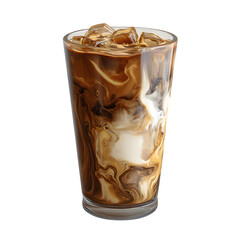 3D iced coffee in tall glass, layered texture, white background