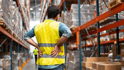 Low back Pain,Warehouse Worker's Back Pain: A warehouse worker, clad in a yellow safety vest, experiences back pain amid the towering shelves filled with inventory. - Powered by Adobe