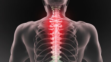 The depiction illustrates the thoracic spine area with a distinct red glow highlighting the site of pain, suggesting potential discomfort or injury. This visualization emphasizes spinal health