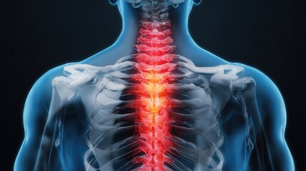 The thoracic spine is highlighted with a red glow, representing pain and discomfort