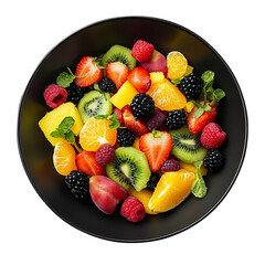 Delicious mixed fruit salad in black bowl isolated on transparent background
