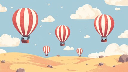 Fototapeta premium Striped hot air balloons float above a desert landscape.