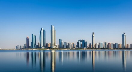 Abu Dhabi Skyline Reflection: Modern Cityscape - Stunning Abu Dhabi skyline, modern architecture reflected in calm waters, vibrant cityscape, bright blue sky, urban development. Symbolizes: progress