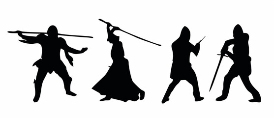 a group of silhouetted figures in fighting stances,detailed action poses,dynamic movement,fantasy style medieval warrior characters,dramatic lighting,high contrast black and white,cinematic compositio