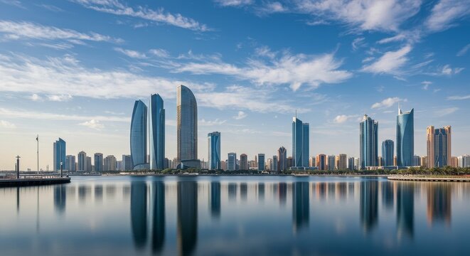 Abu Dhabi Skyline Reflection - Modern cityscape, skyscrapers reflected in calm water, vibrant city, blue sky, architectural beauty. Symbolizing progress, prosperity, beauty, tranquility, and modernity