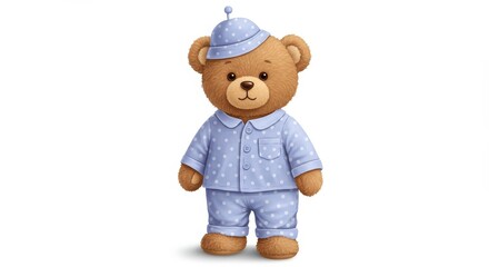 Adorable Teddy Bear in Pajamas - Cute brown teddy bear wearing light blue pajamas with white polka dots and a matching sleep cap. Perfect for children's products