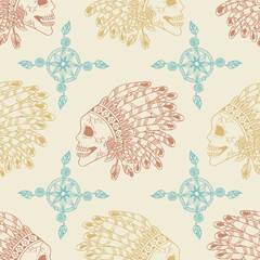 Seamless pattern with hand drawn indian skull and feathers. Vector illustration.