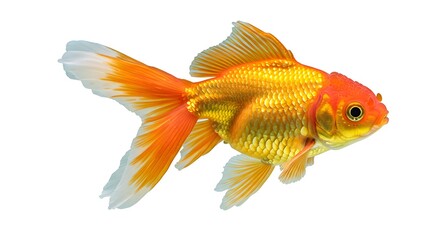 Fototapeta premium A beautiful, vibrant orange goldfish (Carassius auratus), a classic freshwater aquarium pet, is perfectly isolated on a crisp white background. 