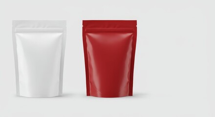 AI Generated Pouch Packaging Mockup: White and Red Stand Up Pouches - Illustrative mockup of two stand-up pouches, one white and one red, ideal for branding and packaging design. Clean, modern
