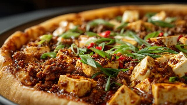 close up spicy and savory Mapo Tofu pizza 