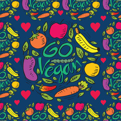 Seamless pattern with hand drawn vegetables and fruits.. Go Vegan concept.