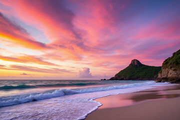 pink and blue beach with mountains in the background