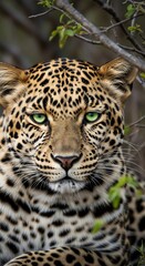 Obraz premium Stunning Leopard Portrait with Intense Green Eyes and Detailed Fur Pattern