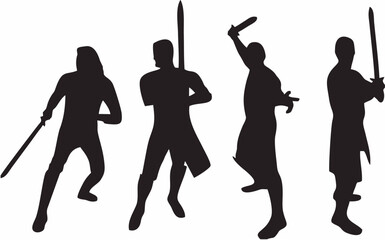 ninja silhouette, samurai silhouette, martial arts silhouette, black and white illustration, dark shadow figures, asian warrior poses, Japanese culture, minimalist graphic design
