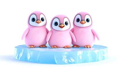 Obraz premium 3D rendered cute baby pink penguins with big eyes, soft fur, sitting on ice