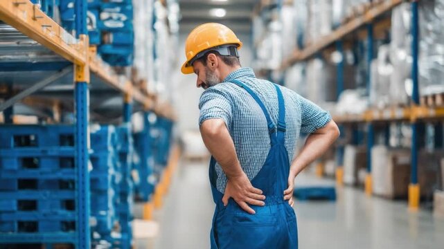 Warehouse Worker with Back Pain: A worker in a warehouse, wearing a hard hat and overalls, suffers from back pain.