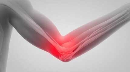 A close-up view of an elbow joint emphasizing the red glowing area where pain is located. The illustration showcases the arm in a relaxed position, providing insights into potential discomfort