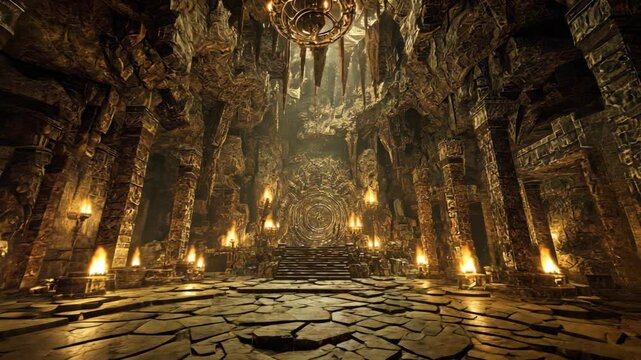 fantasy dungeon hall scenery, in the underworld cave with spike rock wall and burning torch around the room 