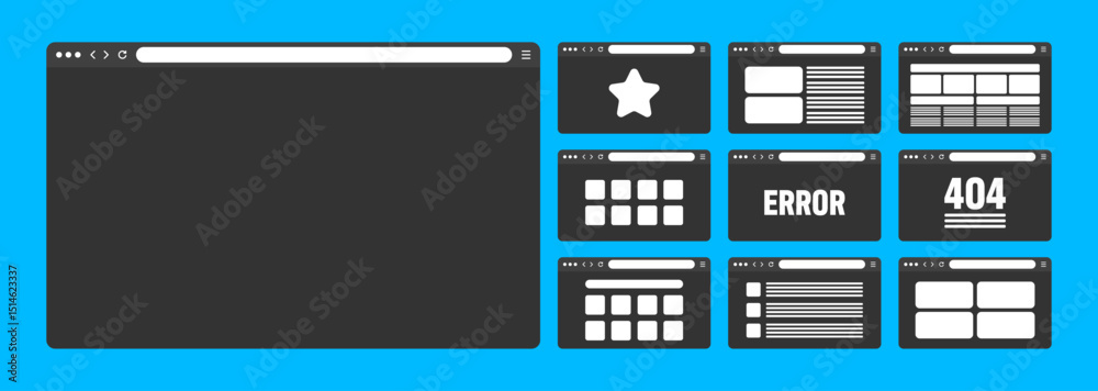 Fototapete Web browser window, pages layout with toolbar and search field. Modern website, internet page in flat style. Browser mockup for computer, tablet and smartphone. Adaptive UI. Vector illustration