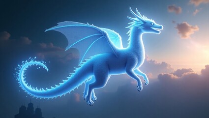 Majestic Luminescent Dragon Soaring Through Clouds at Sunset A Breathtaking Fantasy Artwork