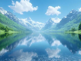 A breathtaking view of a serene mountain lake surrounded by majestic snow-capped peaks and lush greenery, reflecting the clear blue sky and fluffy white clouds.