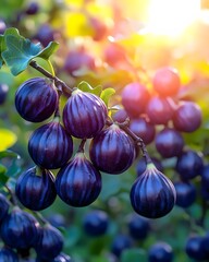 A vibrant cluster of ripe, purple figs hanging on a lush green branch, illuminated by the warm glow of the setting sun, creating a rich and inviting atmosphere.