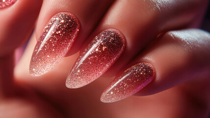 Rose gold to pink glitter gradient oval nails on a glamorous female hand