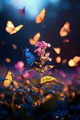 A vibrant scene featuring colorful butterflies, including blue and orange varieties, fluttering around a blooming flower in a magical twilight setting.