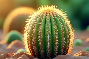 A vibrant green cactus stands prominently against a softly blurred background, illuminated by warm sunlight, highlighting its intricate spines and round shape.