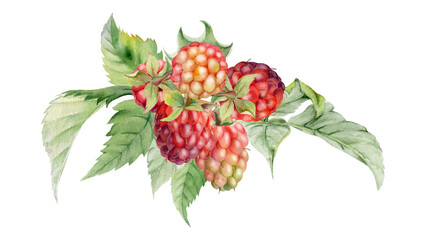 Raspberry berries and leaves asymmetrical bunch cluster group, hand drawn in watercolor, ripe forest garden berry. Isolated botanical illustration for restaurant, dessert menu, wedding, farmers market