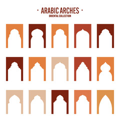 Islamic frames, oriental style objects. Arabic shapes, windows and arches. Traditional ornamental banner, frame. Muslim holidays, Ramadan Kareem. Modern eastern architecture. Vector illustration