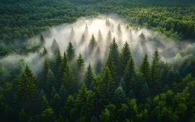 A breathtaking aerial view of a lush green forest enveloped in morning mist, with sun rays filtering through tall pine trees, creating a serene and magical atmosphere.