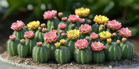 A vibrant display of colorful blooming cacti with pink and yellow flowers, set in a textured soil background. The scene evokes a sense of tranquility and natural beauty.