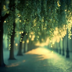A serene scene showcasing vibrant green leaves hanging from trees, casting dappled light on a tranquil pathway, creating a calming atmosphere perfect for a leisurely stroll.