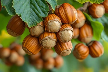A close-up view of ripe hazelnuts clustered together, surrounded by lush green leaves. The earthy tones of the nuts contrast beautifully with the vibrant foliage, creating a natural ambiance.